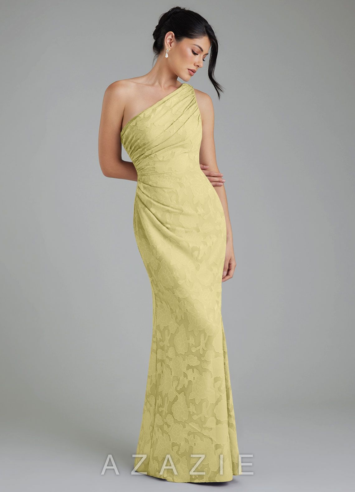 Azazie Akilah Lemon Sorbet Mermaid One Shoulder Floral Burnout Dress