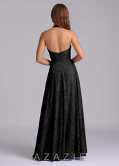 Azazie Tessie Black A-Line Pleated Floral Burnout Dress black