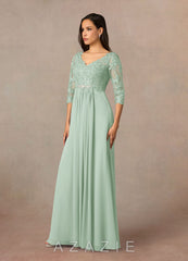 Azazie Hayek Agave A-Line V-Neck Lace Chiffon Dress agave