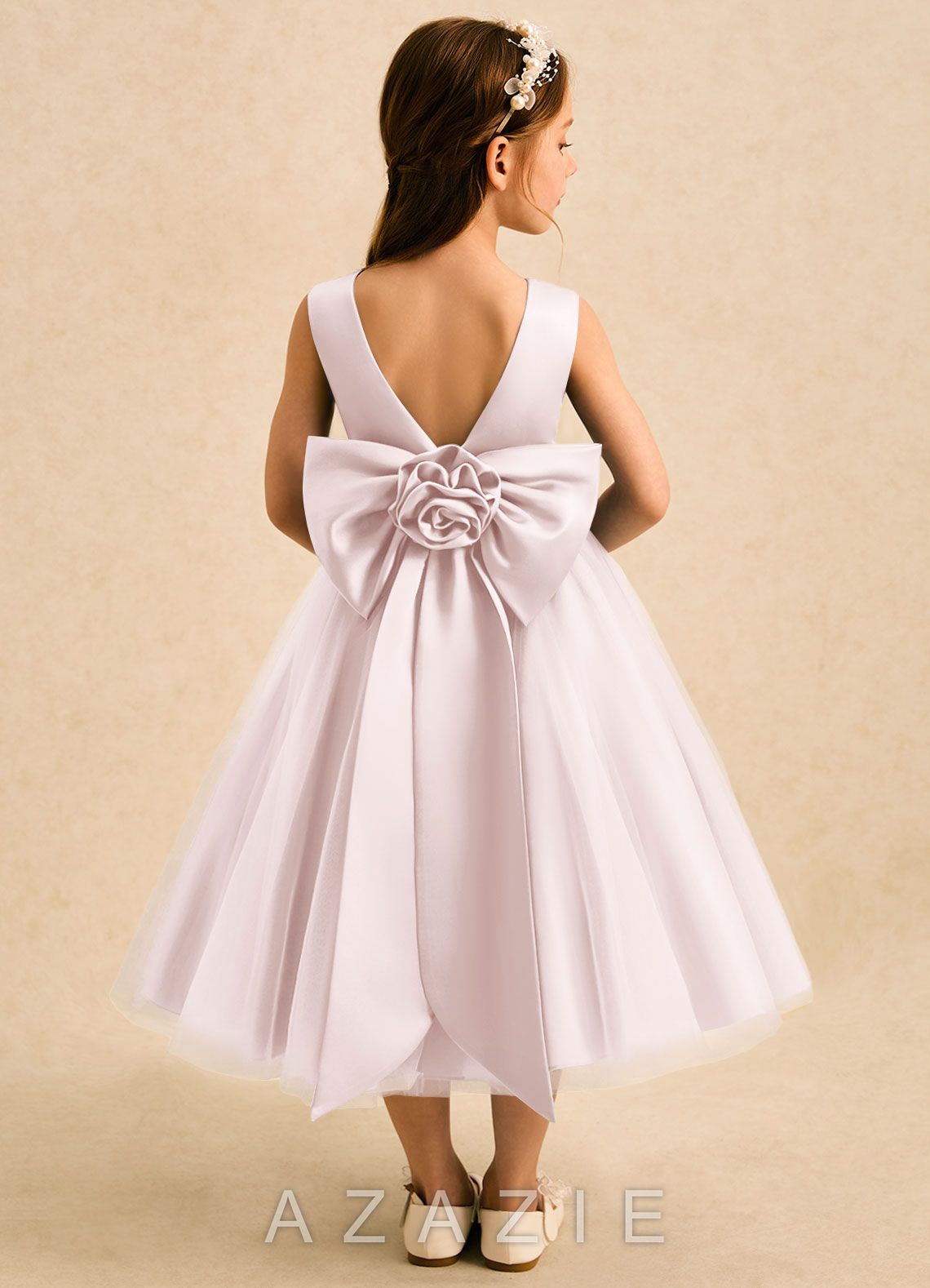 Azazie Bea Blushing Pink A-Line Bow Matte Satin Dress