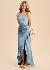 Azazie Buzzy Junior Dusty Blue Sheath Pleated Stretch Satin Dress