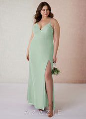 Azazie Becca Agave Sheath V-Neck Chiffon Dress agave