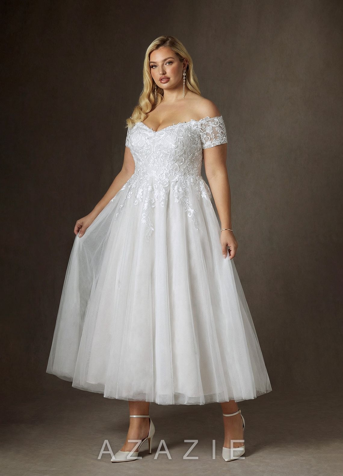 Azazie Rowe Diamond White A-Line Off the Shoulder Lace Dress