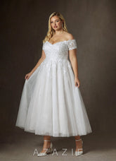 Azazie Rowe Diamond White A-Line Off the Shoulder Lace Dress