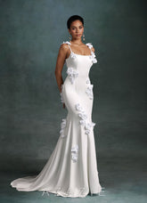 Azazie Jaslyn Diamond White Mermaid Square Neckline Crepe Back Satin Dress