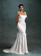 Azazie Jaslyn Diamond White Mermaid Square Neckline Crepe Back Satin Dress