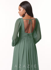 Azazie Norah Eucalyptus A-Line V-Neck Long Sleeve Chiffon Dress eucalyptus