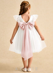Azazie Munchkin Ivory Blushing Pink A-Line Bow Tulle Dress