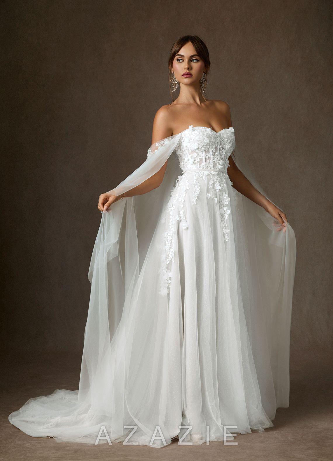 Azazie Wynery Diamond White Ball-Gown Off the Shoulder Lace Dress