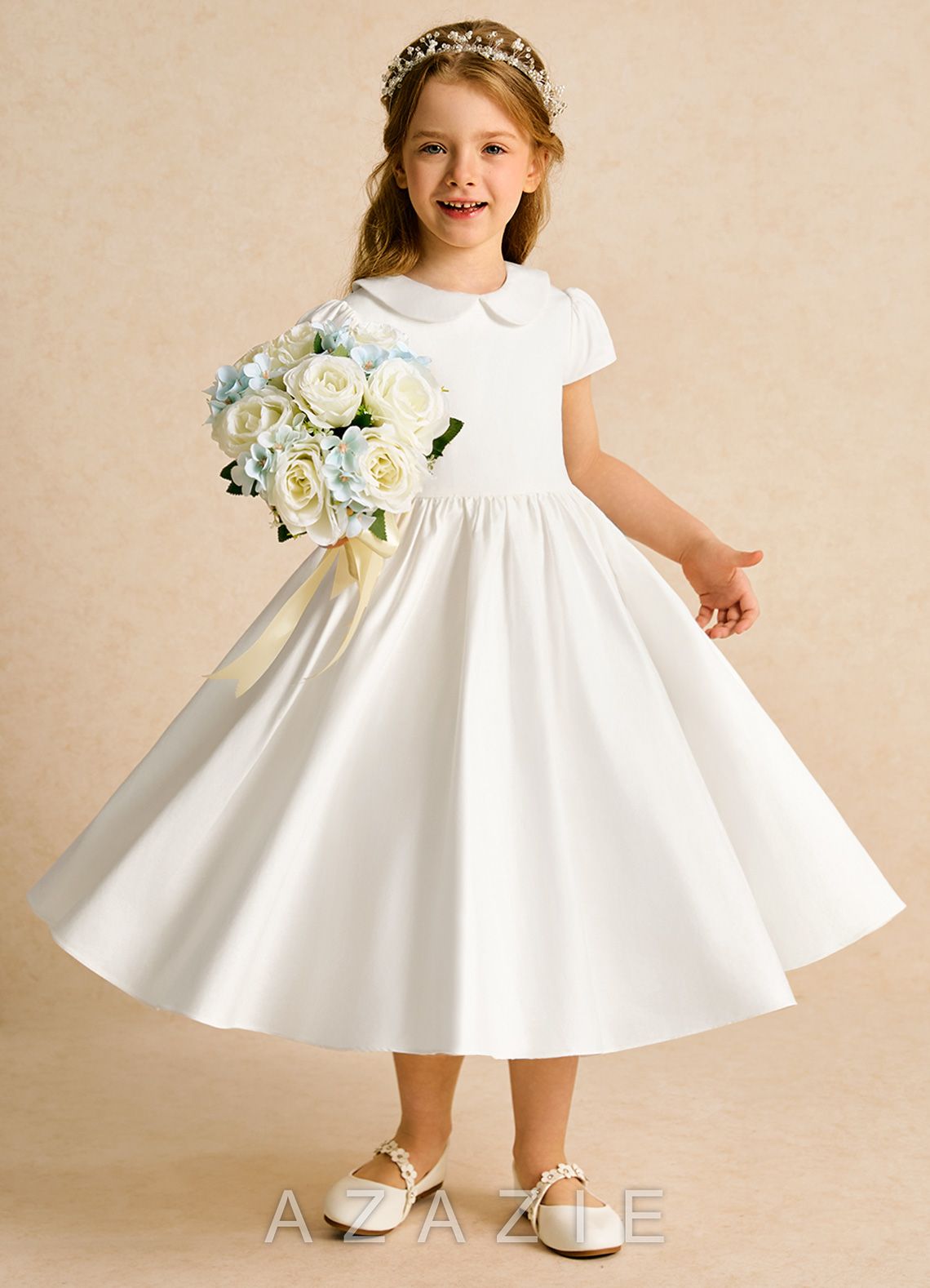 Azazie Deary Ivory Agave A-Line Bow Cotton Dress