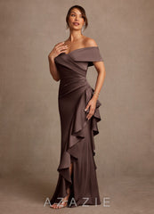 Azazie Kirsty Ganache Sheath Off the Shoulder Stretch Satin Dress ganache