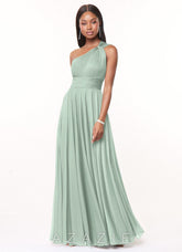 Azazie Charlize Agave A-Line One Shoulder Mesh Dress