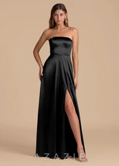 Azazie Wren Black A-Line Strapless Metallic Satin Dress black