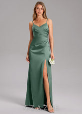 Azazie Azuree Eucalyptus A-Line Pleated Stretch Satin Dress