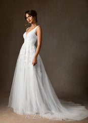 Azazie Sorella Wedding Dress Diamond White A-Line V-Neck Sequins Tulle Dress