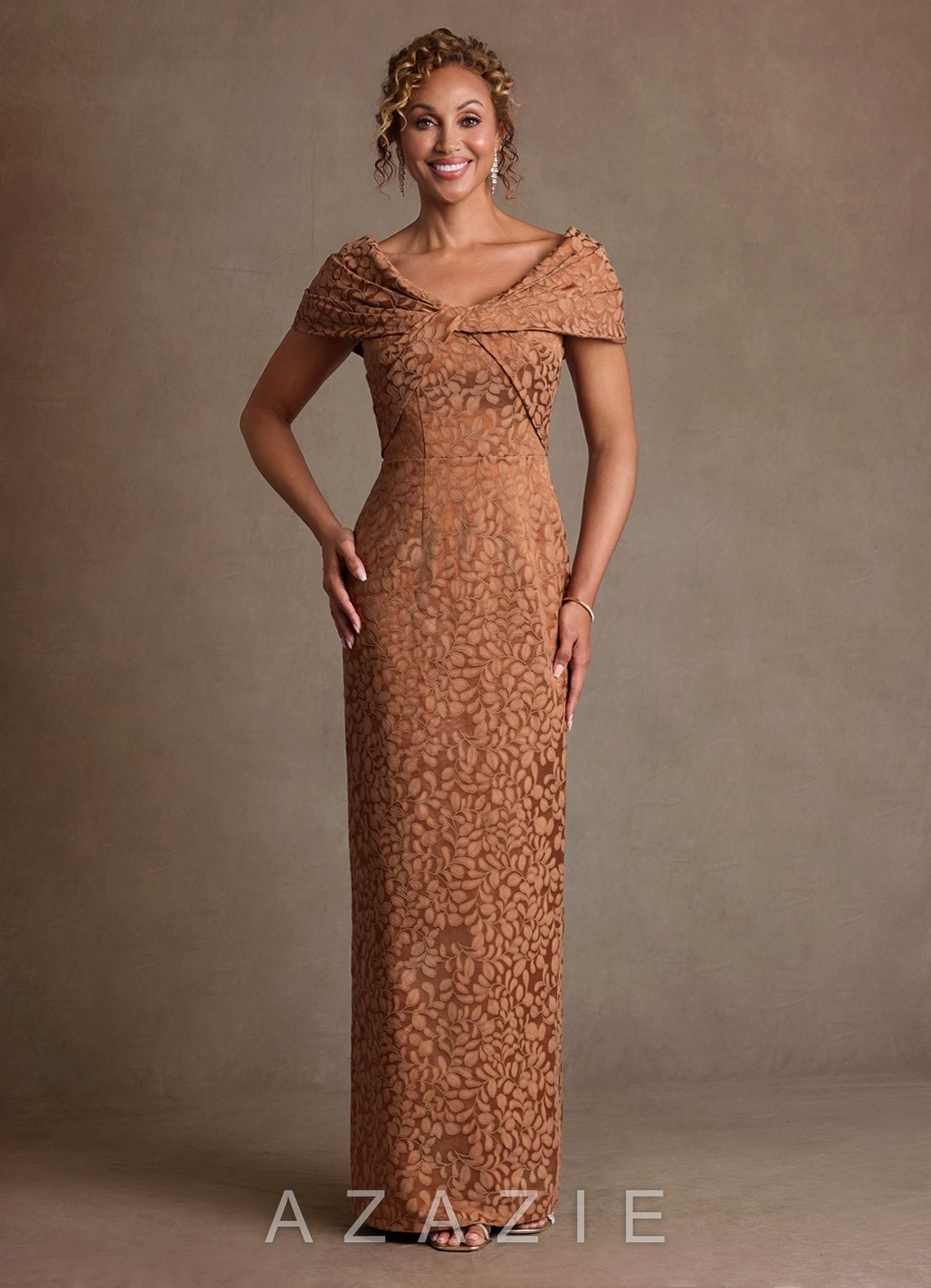 Azazie Atkins Caramel Cocoa Column Off the Shoulder Floral Jacquard Dress