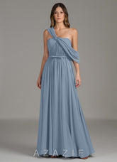 Azazie Nyah Dusty Blue A-Line Off the Shoulder Chiffon Dress