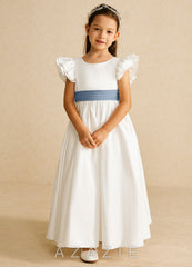 Azazie Aero Ivory Dusty Blue A-Line Pleated Cotton Dress ivory/dusty_blue