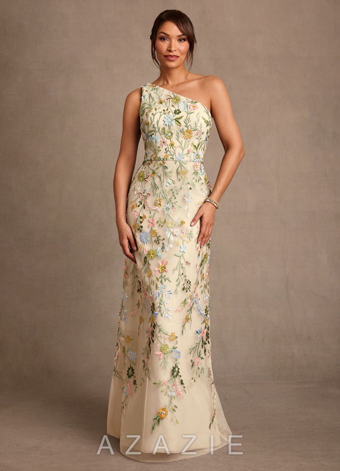 Azazie Bertie Champagne A-Line Lace Dress
