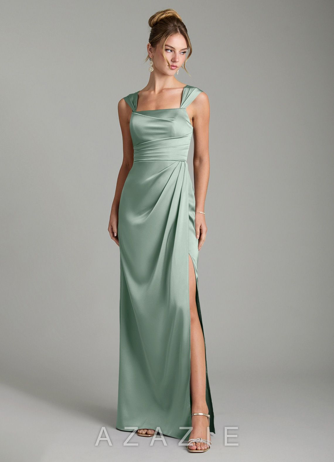 Azazie Filippa Agave A-Line Pleated Stretch Satin Dress