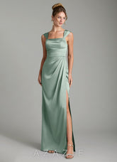 Azazie Filippa Agave A-Line Pleated Stretch Satin Dress