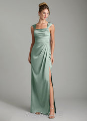 Azazie Filippa Agave A-Line Pleated Stretch Satin Dress