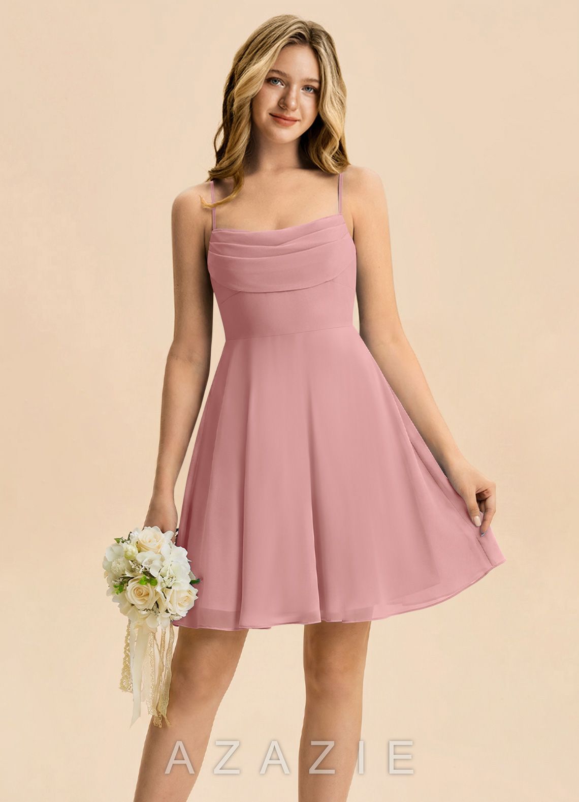 Azazie Bear Junior Dusty Rose A-Line Pleated Chiffon Dress