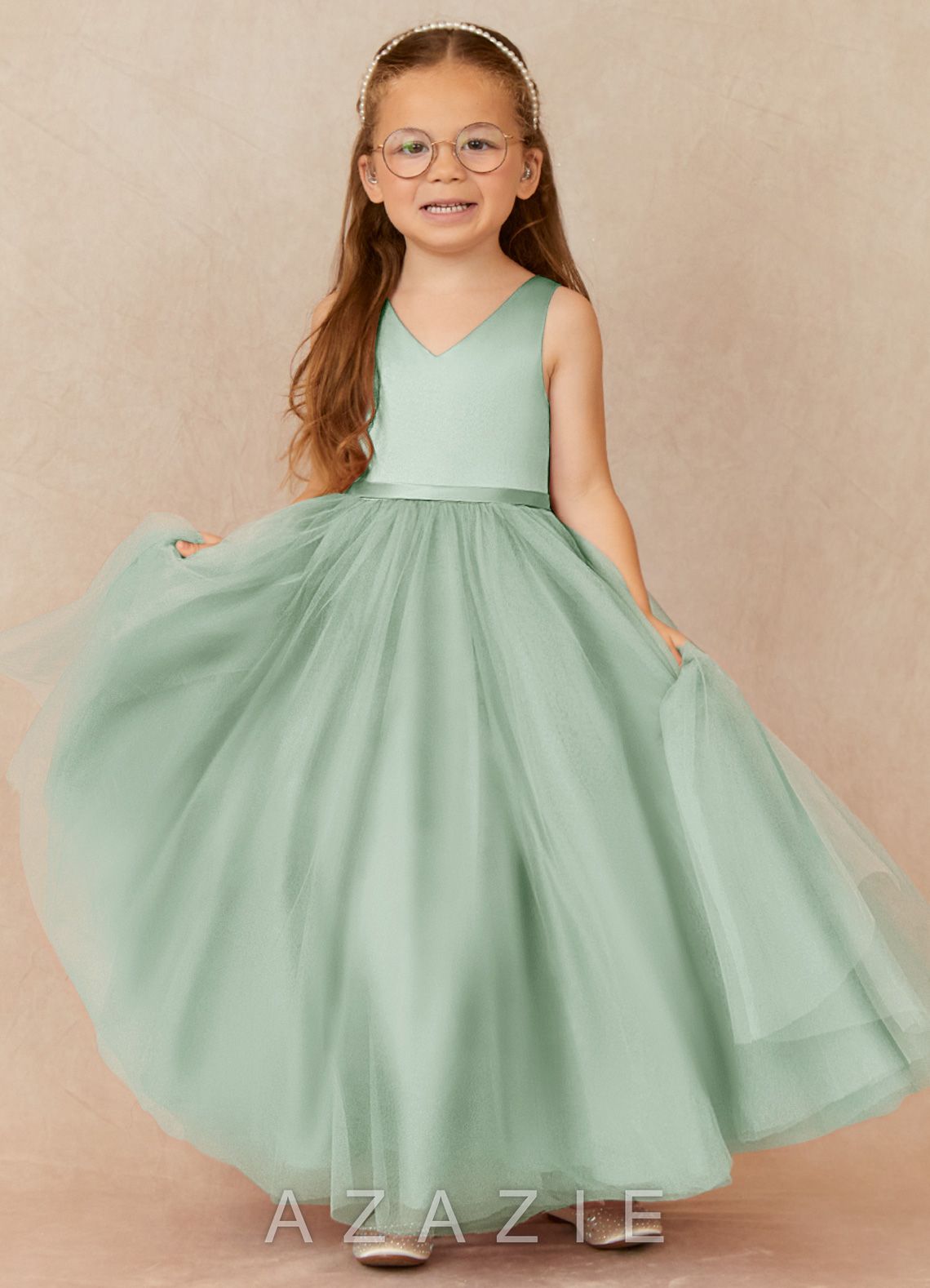 Azazie Marybell Agave A-Line Bow Tulle Dress