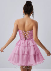 Aurelianna Pink Lace Rhinestone Ruffles Chiffon Corset Mini Dress