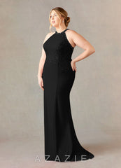 Azazie Tyra Black Mermaid Halter Lace Stretch Crepe Dress black