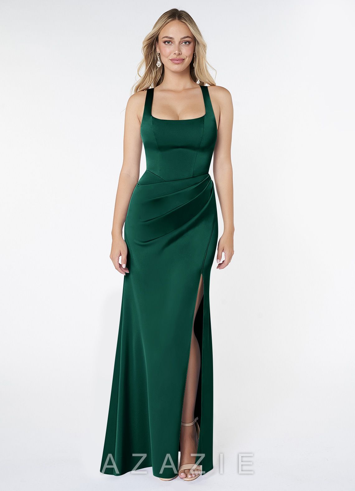 Azazie Mero Emerald Mermaid Pleated Stretch Satin Dress