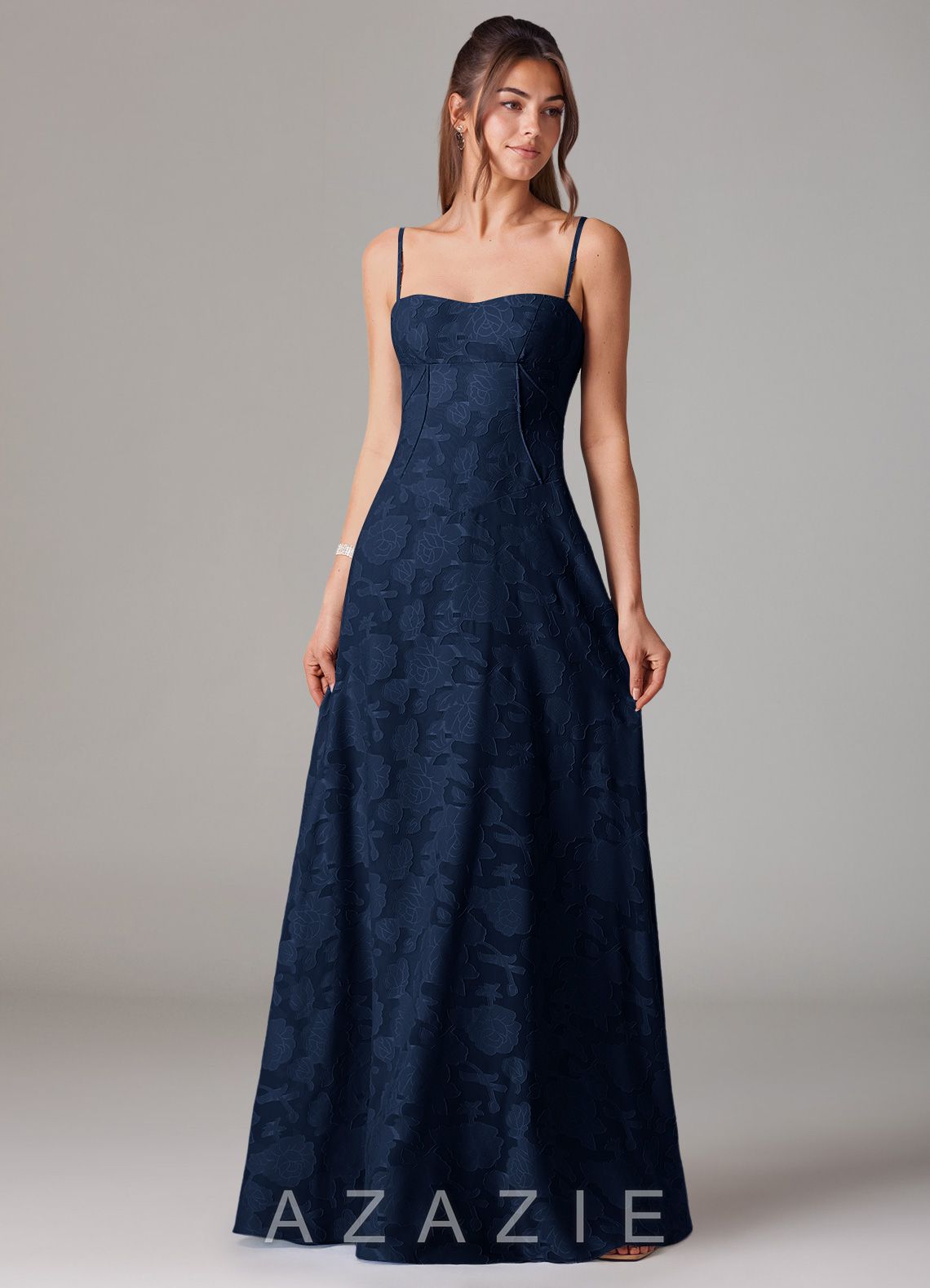 Azazie Valentine Dark Navy A-Line Sweetheart Neckline Floral Burnout Dress