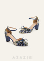 Floral Tapestry Ankle Strap Block Heels