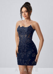 Yafrein Navy Rhinestone Sequins Tulle Placement Print Corset Mini Dress