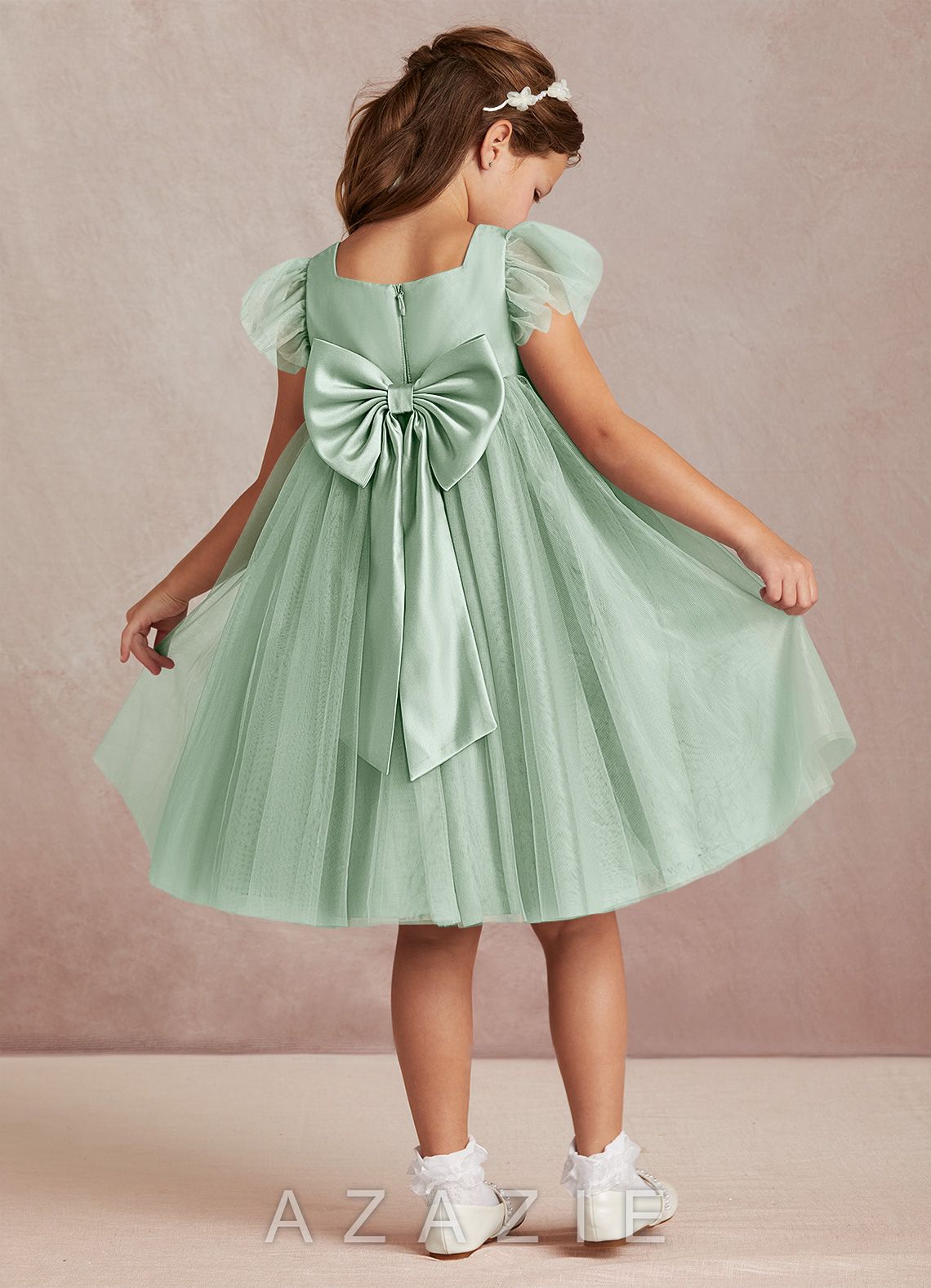 Azazie Kalio Agave A-Line with Sleeves Tulle Dress