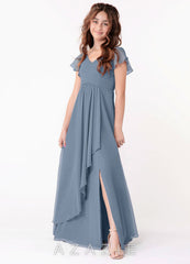 Azazie Omari Junior Dusty Blue A-Line Ruched Chiffon Dress