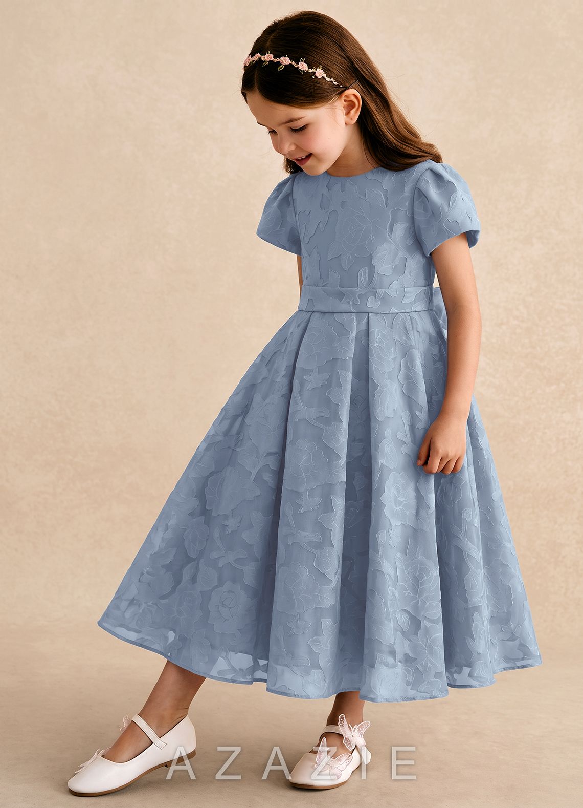 Azazie Princes Dusty Blue A-Line Pleated Floral Burnout Dress