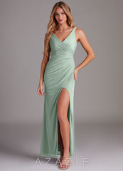 Azazie Leandra Agave Mermaid V-Neck Pleated Mesh Dress