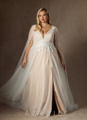 Azazie Goddess Wedding Dress Diamond White Champagne A-Line V-Neck Sequins Tulle Dress diamond_white/champagne