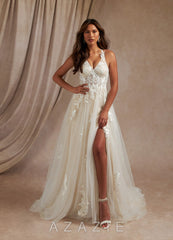 Azazie Dysis Wedding Dress Diamond White Champagne A-Line Halter Sequins Tulle Dress diamond_white/champagne