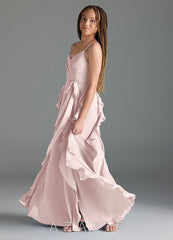 Azazie Peyton Junior Blushing Pink A-Line V-Neck Cascading Ruffles Chiffon Dress blushing_pink