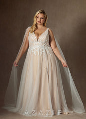 Azazie Goddess Wedding Dress Diamond White Champagne A-Line V-Neck Sequins Tulle Dress diamond_white/champagne