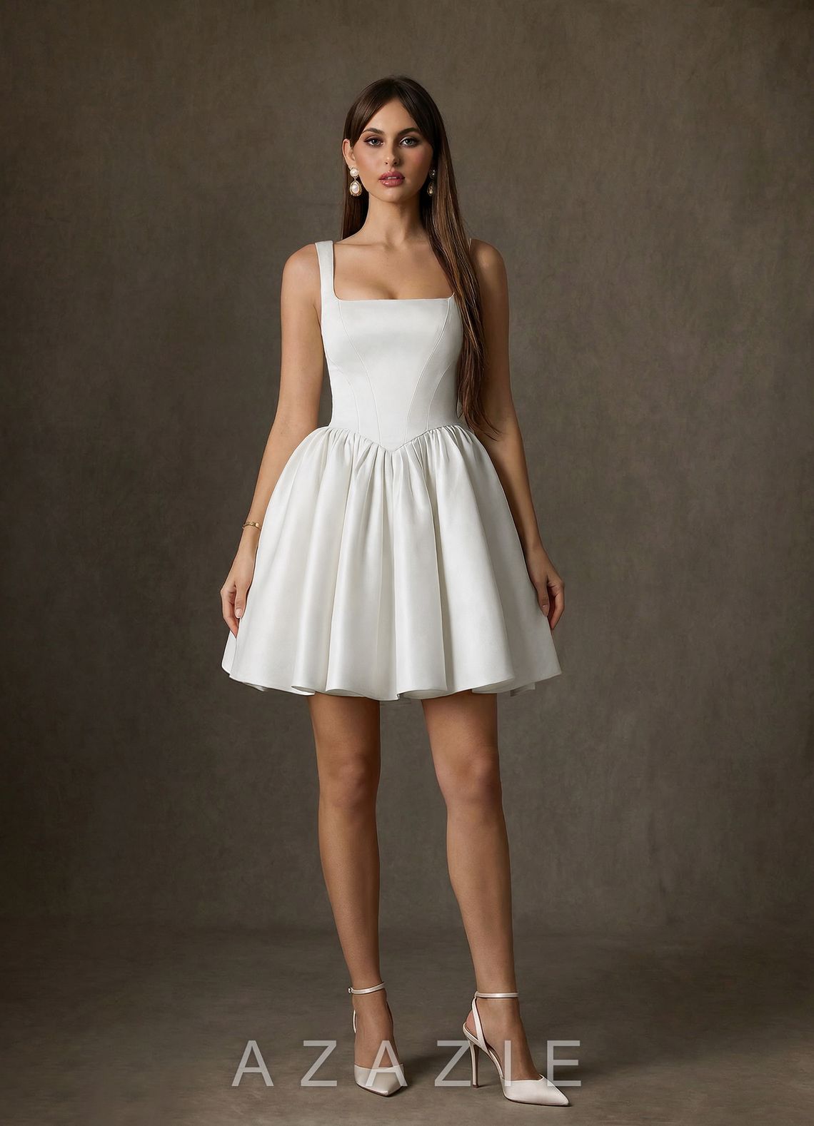 Azazie Saverina Diamond White A-Line with Pockets Satin Dress