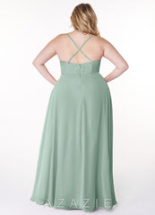 Azazie Naeem Agave A-Line V-Neck Ruffle Chiffon Dress agave