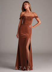Azazie Saige Terracotta Sheath Off the Shoulder Velvet Convertible Dress