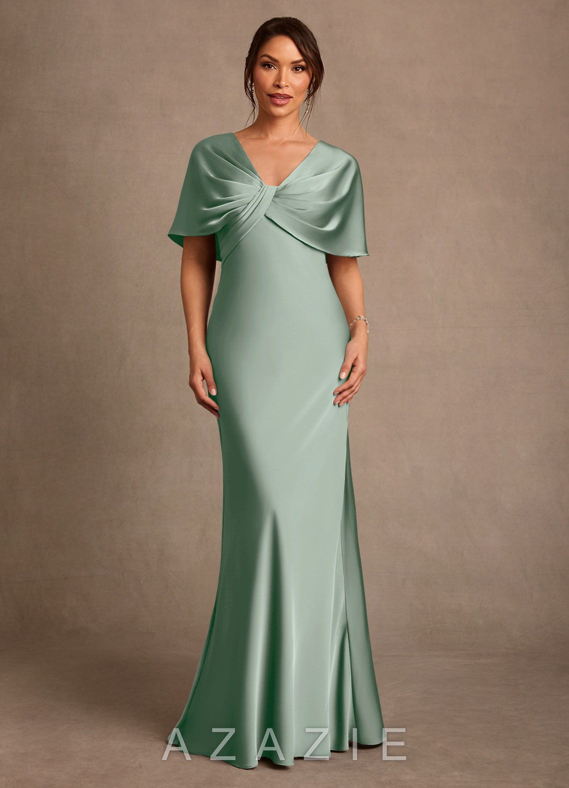 Azazie Dosia Agave Sheath Pleated Stretch Satin Dress