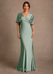 Azazie Dosia Agave Sheath Pleated Stretch Satin Dress
