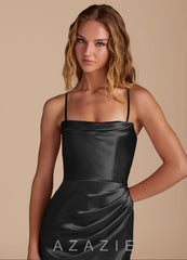 Azazie Leonis Black Mermaid Pleated Metallic Satin Convertible Dress black