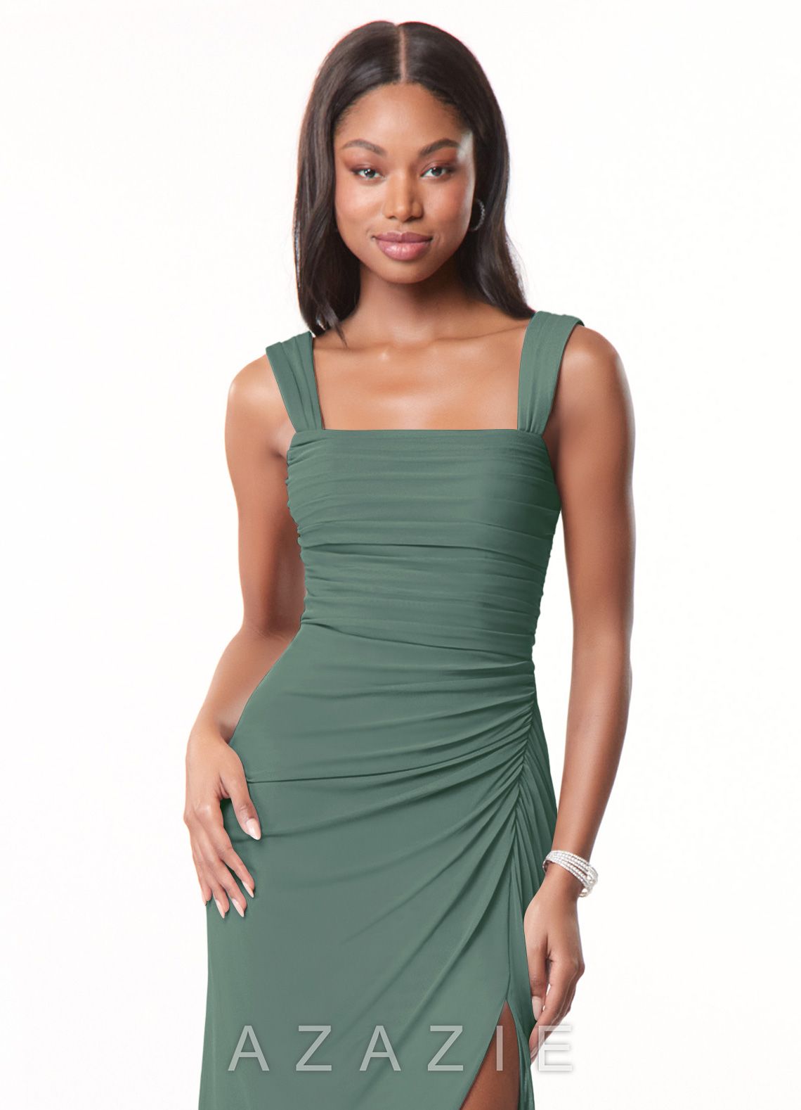 Azazie Jesaphine Eucalyptus Sheath Ruched Mesh Dress