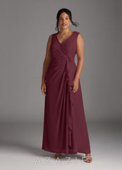Azazie Manuella Cabernet A-Line V-Neck Pleated Chiffon Dress cabernet
